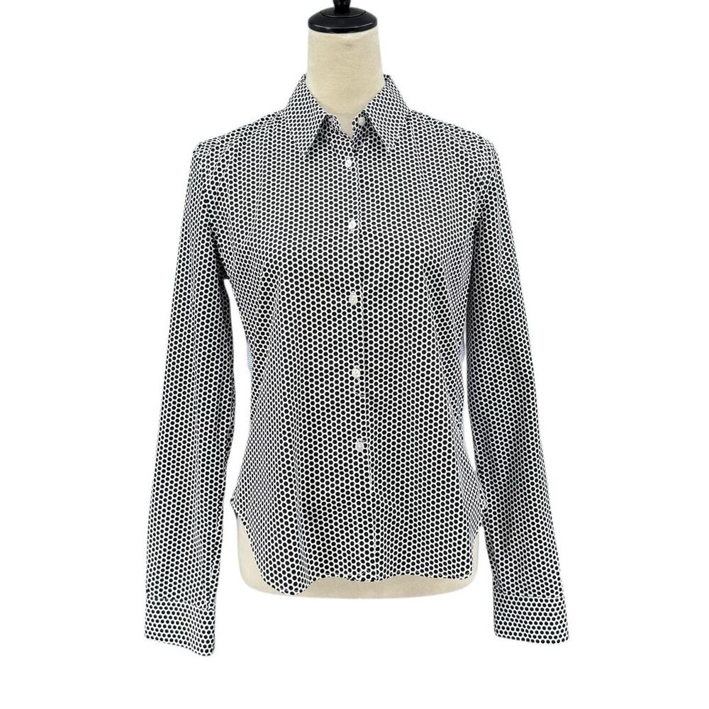 JED Black & White Polka Dot Contrast Blue Button Up Long Sleeve Cotton Shirt